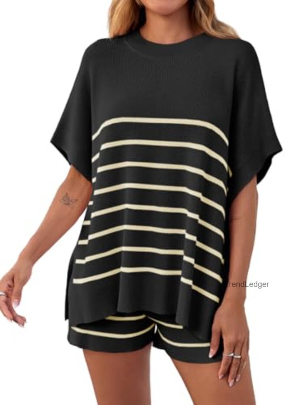 Women's 2 Piece Knit Short Set Batwing Sleeve Oversized Top High Waist Shorts